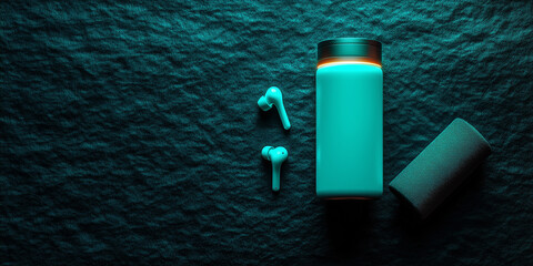 Modern tech essentials laid out on a textured surface in soft blue lighting with airpods and a container