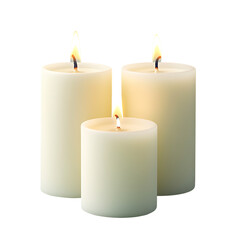 Three ivory pillar candles burning brightly.  Relaxing, peaceful, and calming.