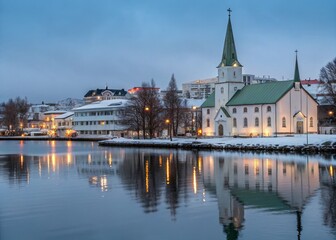 Naklejka premium Reykjavik Winter Cityscape Reflection, Tjornin Lake, Blue Hour, Free Church