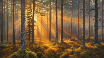 Obraz premium Enchanting forest bathed in early morning mist, with soft sunlight breaking through the trees, creating a magical and serene atmosphere that captures the tranquil beauty of nature at dawn.