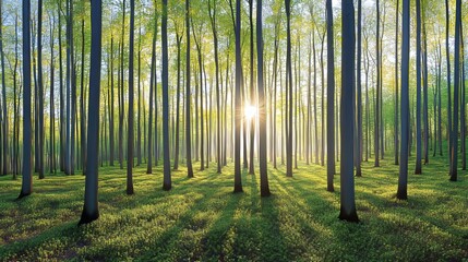 Fototapeta premium Enchanting forest bathed in early morning mist, with soft sunlight breaking through the trees, creating a magical and serene atmosphere that captures the tranquil beauty of nature at dawn.