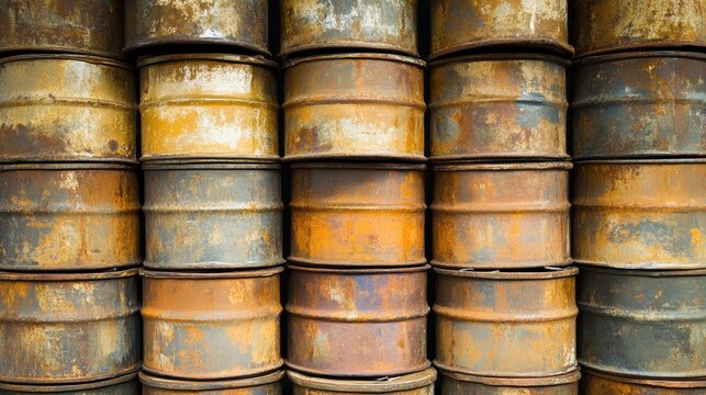 Close-Up View of Stacked Vintage Rusty Metal Oil Drums