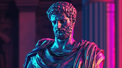 Classic Sculpture with Colorful Lighting in Ancient Architecture