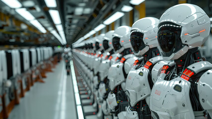 A futuristic assembly line of humanoid robots with sleek white armor and black visors, standing in perfect formation. High-tech AI-powered robotics production in an advanced industrial setting