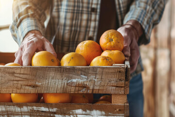 Primo piano delle mani di un uomo che seleziona arance mature in una cassa di legno