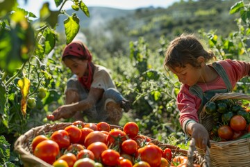 Bambini che lavorano insieme in un orto biologico, raccogliendo pomodori maturi da piante rigogliose, con un cesto pieno di verdure fresche in primo piano