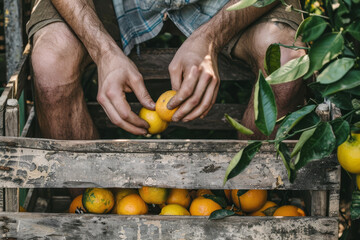 Primo piano delle mani di un uomo che seleziona arance mature in una cassa di legno