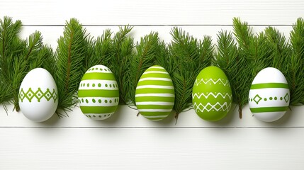 Colorful green themed Easter eggs decorated with patterns on pine branches