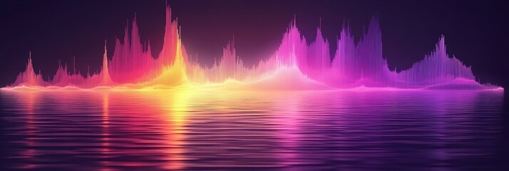 Abstract Futuristic Landscape, Vibrant Gradient Peaks Reflected in Water, Digital Visualization