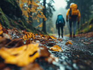 Hikers navigate a misty forest trail surrounded by vibrant autumn foliage in a serene outdoor setting