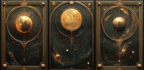 Naklejka premium Ornate Celestial Triptych: A Detailed Artistic Depiction of Cosmic Bodies