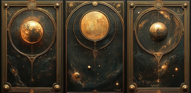 Ornate Celestial Triptych: A Detailed Artistic Depiction of Cosmic Bodies