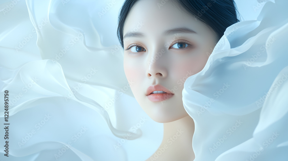 Poster 美肌の若くて綺麗なアジア人女性モデルの美容・ファッションポートレート。白い布が舞う撮影背景。