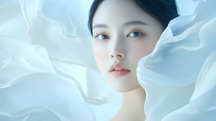 美肌の若くて綺麗なアジア人女性モデルの美容・ファッションポートレート。白い布が舞う撮影背景。	