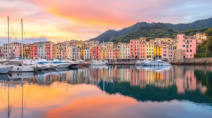 Obraz premium Vibrant sunset over a picturesque coastal town with colorful buildings reflecting in calm waters