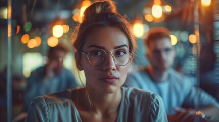 Obraz premium A young woman with glasses sits in a cozy cafe, surrounded by friends. Warm lights create a relaxed atmosphere as they engage in lively conversation during the evening.