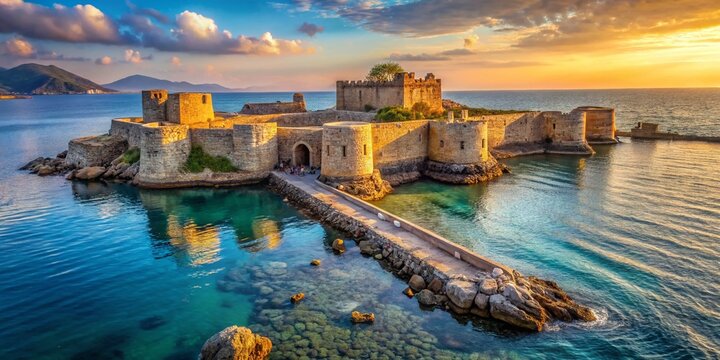 Ruins of Ancient Stone Dam Connecting Corycus Fortresses, Kizkalesi, Turkey - Mediterranean Coastline