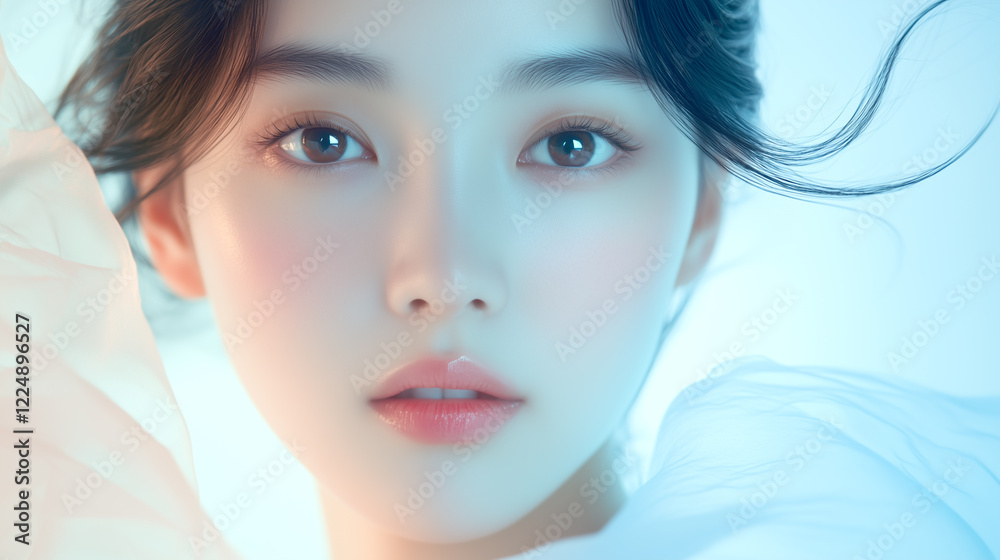 Poster 美肌の若くて綺麗なアジア人女性モデルの美容・ファッションポートレート。白い布が舞う撮影背景。