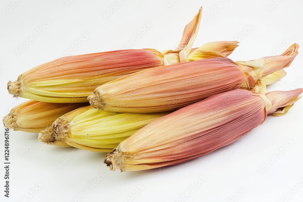 Poster fresh, colorful corn varieties displayed with husks in a neat arrangement on a light background