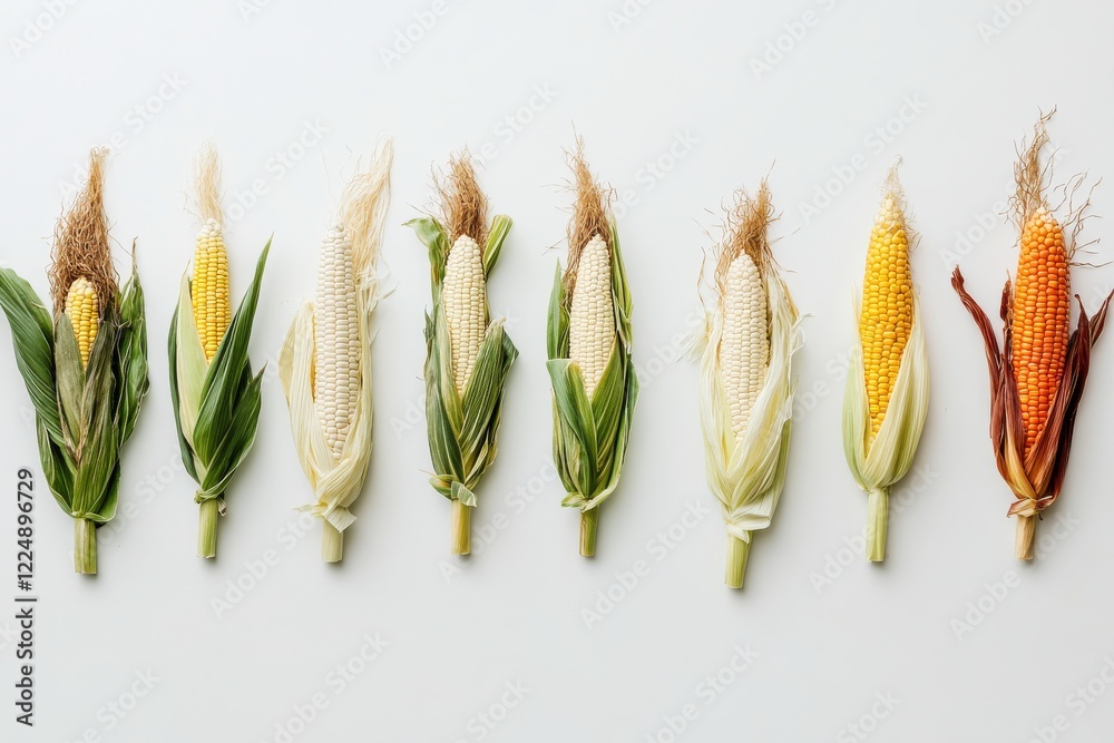 Poster varieties of corn arranged in a row showcasing different kernels and husks in natural colors during 