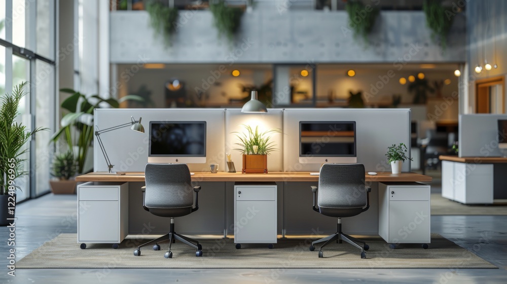 Aufkleber two sleek workstations are arranged within a bright and airy office space, enhanced by plants and mo