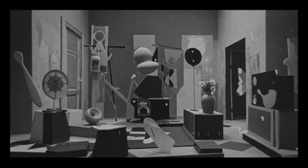 Abstract geometric art installation in monochrome gallery setting