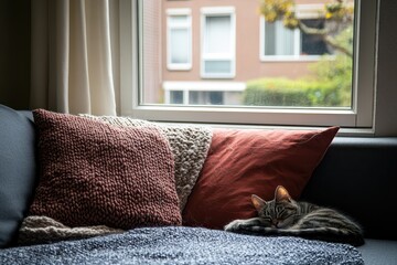 Cozy Cat Sleeping on Sofa with Decorative Pillows and Natural Light from Window