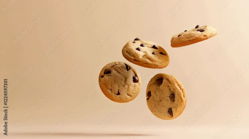 Poster four chocolate chip cookies levitating against a warm, inviting background create a visually enticin