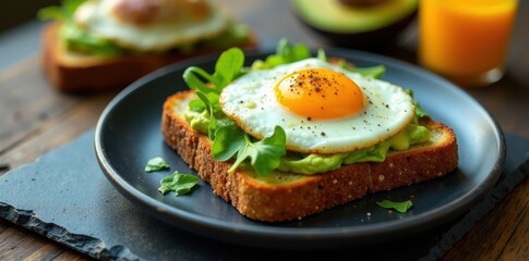 A Delicious Breakfast Toast Topped with a Perfectly Fried Egg, Creamy Avocado Mash, and Fresh Greens Served on a Dark Plate