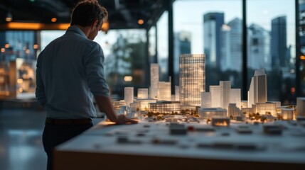 Professional Man Analyzing Architectural Model in Urban Workspace