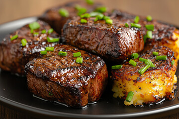 Juicy grilled steak pieces garnished with fresh herbs on a black plate