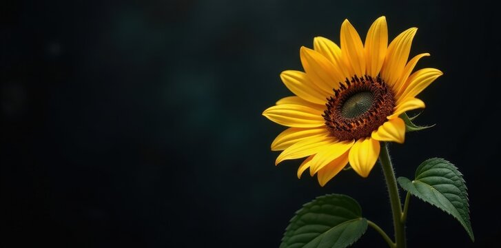 A single vibrant sunflower against a dark backdrop, showcasing its radiant petals and rich brown center, a study in natural beauty and contrast.