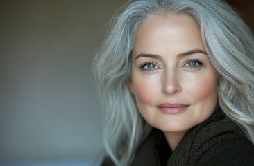 Naklejka premium Portrait of a mature woman with silver hair and blue eyes smiling softly, showcasing natural beauty and grace in a warm setting