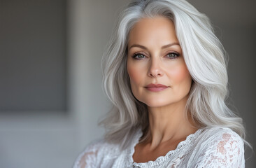 Naklejka premium Portrait of a mature woman with flowing gray hair, exuding grace and confidence in a softly lit studio