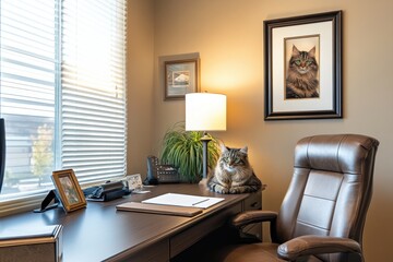 Cozy Home Office with Cat, Desk, Lamp, and Artwork in Natural Light