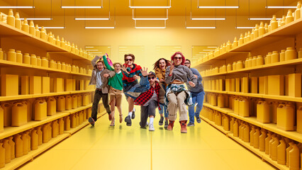 Excited group of people running in futuristic 3D supermarket with yellow shelves. Dynamic Black...