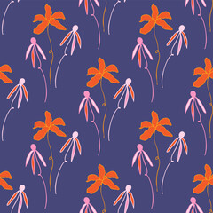 Floral seamless pattern with hand-drawn botanical elements in a trendy color palette. Bright vector pattern with orange and pink doodle flowers on a cobalt blue background