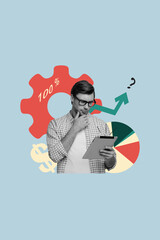 Creative artwork template sketch image 3D collage of young man work tablet trade goal target success savings dollars arrow up cogwheel