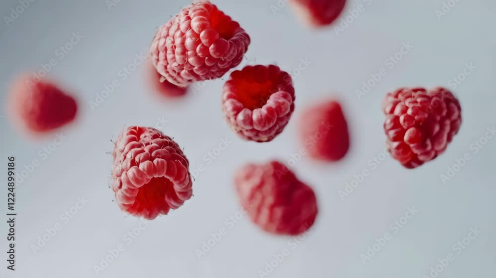 Aufkleber Ripe red raspberries levitating against a soft gray backdrop create a vibrant and dynamic visual, highlighting their fresh, juicy texture and natural beauty in a striking composition