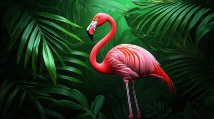 Fototapeta premium Vibrant flamingo amidst lush tropical foliage
