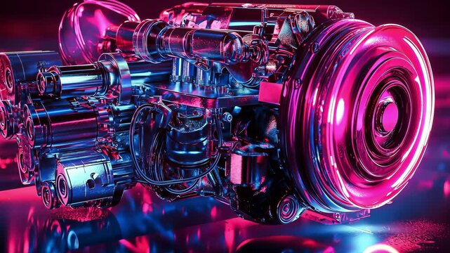 3D illustration, Futuristic engine powertrain in neon glow	