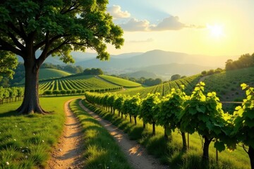 Naklejka premium Rolling hills, sun-drenched vines, rustic charm, vineyards, France, photography