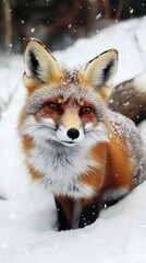 Fototapeta premium Vibrant red fox curiously exploring a snowy landscape during winter's snowfall in a serene forest setting