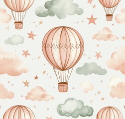 Hot air balloons float among pastel clouds and stars in a whimsical design suitable for children's decor or party themes