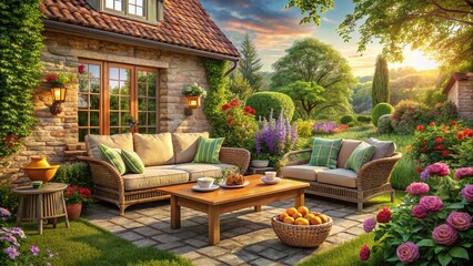 Rustic Country Cottage Patio: Garden Lounge with Sofa & Table