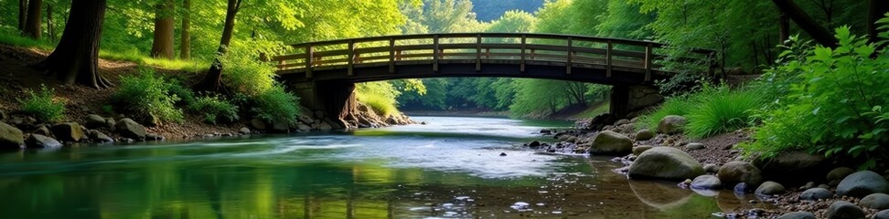 tranquil river flowing beneath a sturdy wooden bridge, wood, bridge, peaceful
