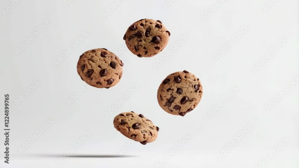 Poster five chocolate chip cookies floating gracefully against a minimal white background, creating a visua
