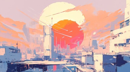 The gradient orange sky icon with sun setting behind city buildings at sunset