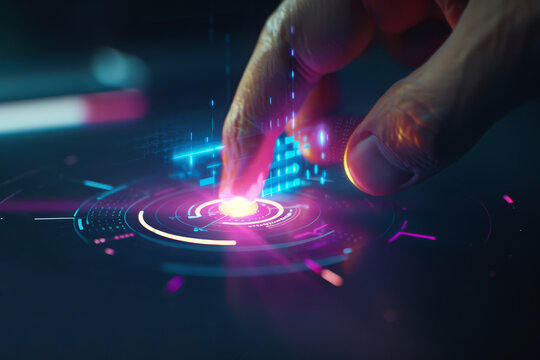 Un dito che preme un pulsante di scansione biometrica, con luce olografica luminosa che si diffonde intorno