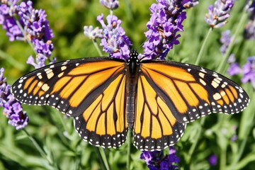 Butterfly on a Flower A monarch butterfly perched on a purple lavender flower under soft sunlight. 